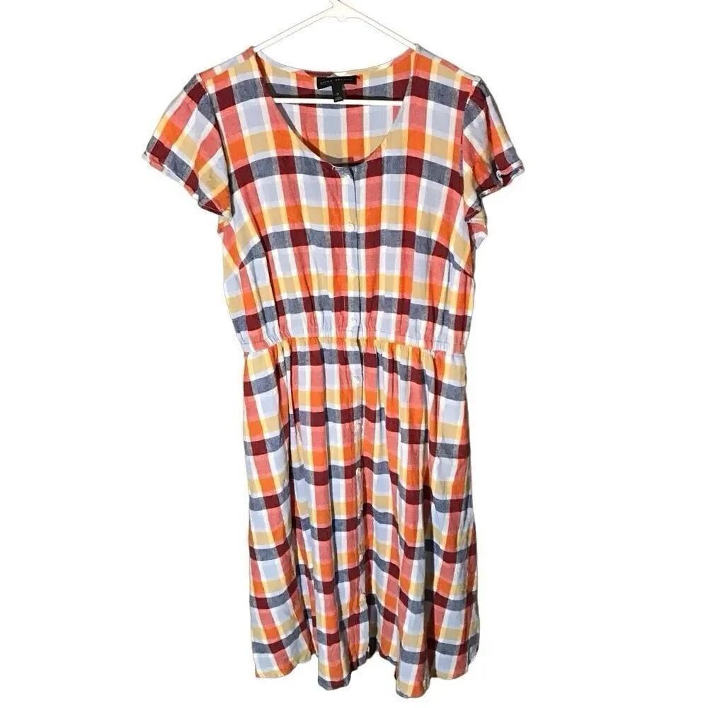 LANE BRYANT checked linen blend Short Sleeve DRESS Sz 14 button front pockets